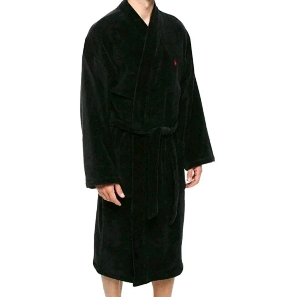 RALPH LAUREN Big Polo Pony Plush Velour Bath Robe Black L/XL NWT